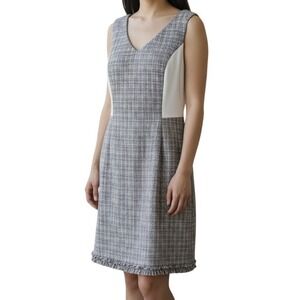 WHITE HOUSE BLACK MARKET Sleeveless Tweed Mix A-Line Dress Fringe Hem NWOT 10